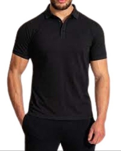 Black Mens Plain Polo Neck Short Sleeve Daily Wear High Quality Cotton T Shirt