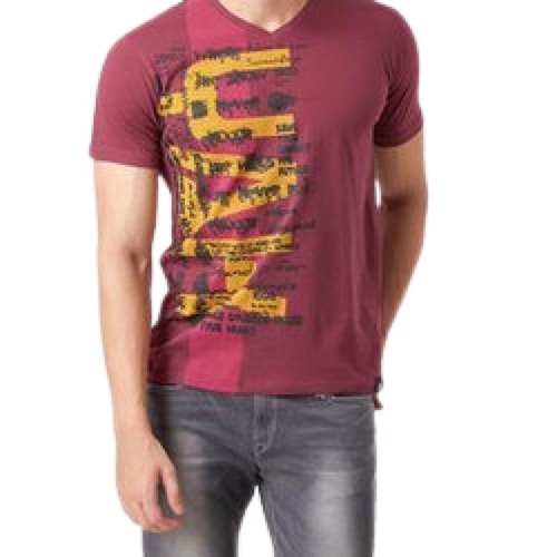 Maroon Mens Printed V Neck Short Sleeve Summer Season Cotton Casual T-Shirt