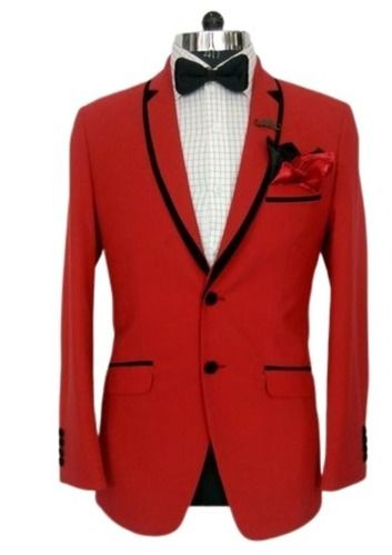 Red Mens Slim Fit Party Wear Long Sleeves Spread Collar Plain Dyed Cotton Blazer