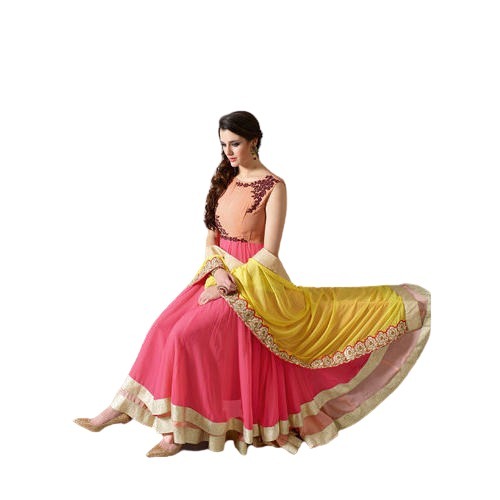 Pink And Yellow Traditional Plain Dyed Sleeveless Cotton Silk Anarkali Suits