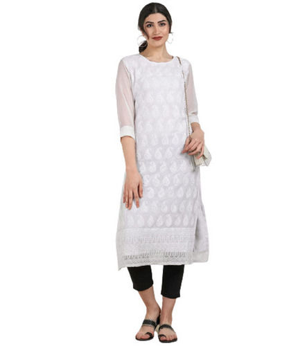 White 3-4Th Sleeve Round Neck Casual Wear Plain Chiffon Kurtis