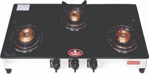 3 Burner Black Glass Top Gas Stove With Dimension 3X2 Feet