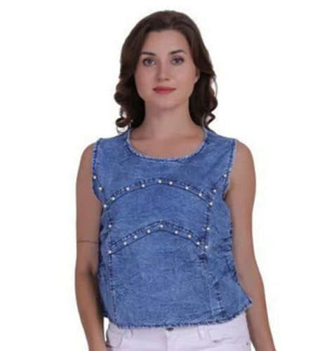 Breathable Casual Wear Round Neck Sleeveless Denim Top For Women