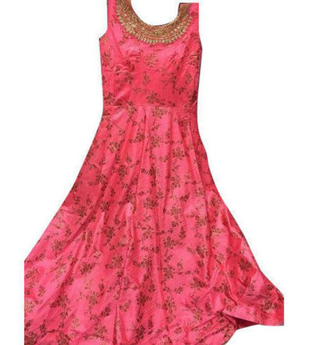 Girls Party Wear Round Neck Sleeveless Stone Work Printed Silk Designer Gown 