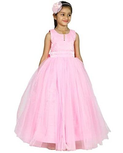 Pink Girls Party Wear Sleeveless Round Neck Plain Georgette Gown