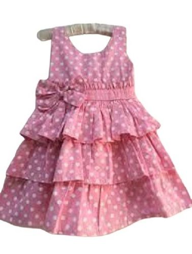 Lite Pink Kids Casual Wear Round Neck Sleeveless Cotton Printed Frocks