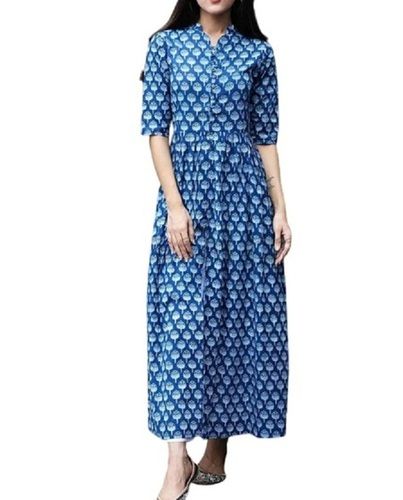 Blue Ladies 3-4Th Sleeve Classy Finish Breathable Casual Wear Cotton Anarkali Kurti 