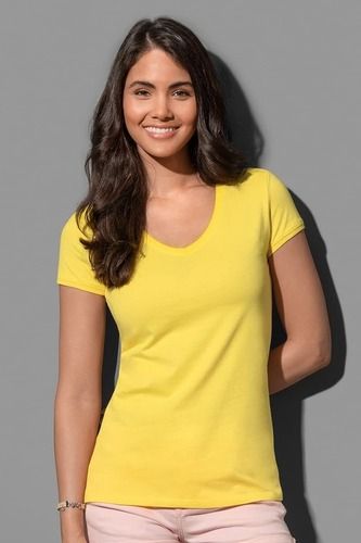 Plain Yellow Round Neck 180 GSM Biowash Cotton T Shirt For Women