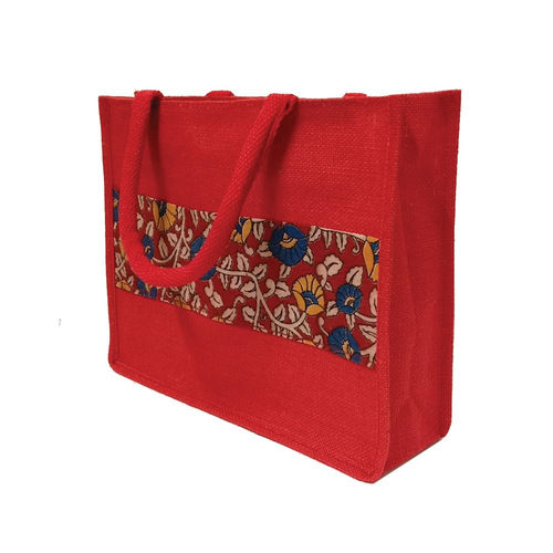 Red\ Rectangular Shape Printed Handmade Jute Bag For Shopping Usage 