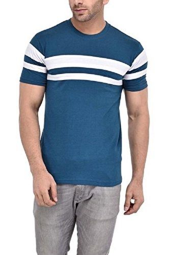 Blue With White Short Sleeve Designer Fashion Round Neck Striped T-Shirt For Men