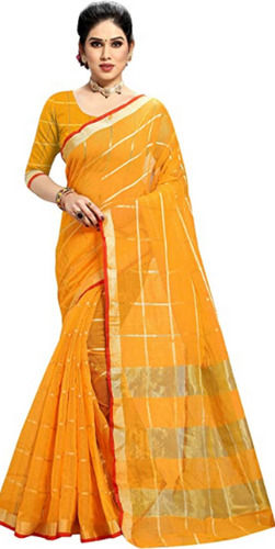 Yellow Women Casual Wear Cotton Striped Kota Doria Saree With Blouse