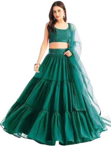 Green Women Sleeveless Round Neck Plain Georgette Party Wear Lehenga With Dupatta 