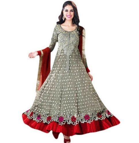 Gray Red Dry Cleaning Party Wear Full Sleeve O Neck Embroidery Designer Anarkali Suit