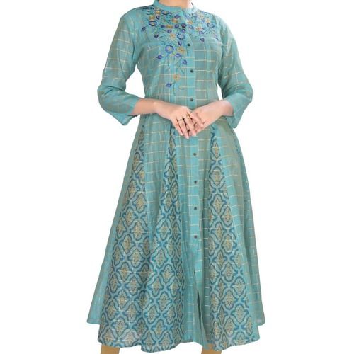 Blue Ladies Breathable 3/4Th Sleeve Modern Cotton Party Wear Printed Kurti