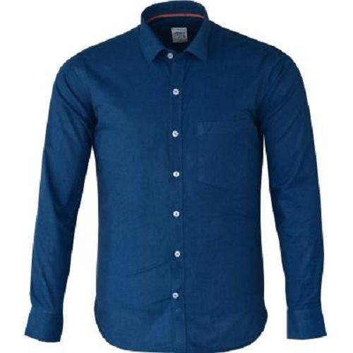 Men Breathable Long Sleeve Polo Neck Casual Wear Navy Blue Cotton Shirt