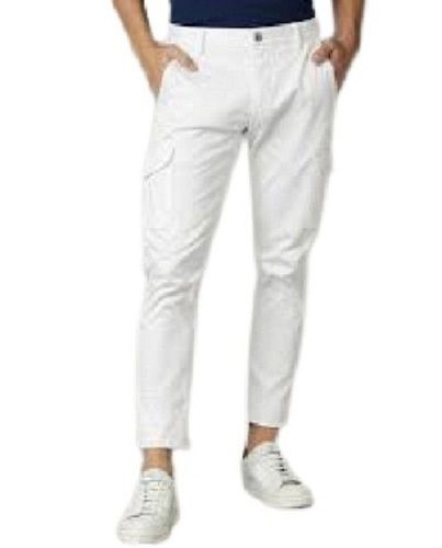 White Plain Casual Wear Quick Dry Cotton Cargo Pants With Four Pockets For Men'S