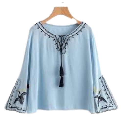 Sky Blue Printed Full Sleeve Stylish Cotton Fancy Tops For Girls