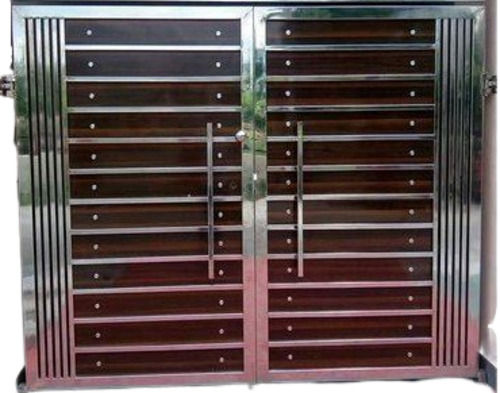 Silver And Brown 7 X 6 Feet 15 Mm Thick Polished Finish Stainless Steel Exterior Double Door 