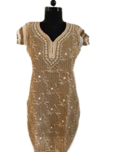 Golden A Short Sleeve Silk Chikan Ladies Kurtis