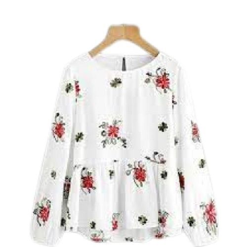 White Chiffon Fabric Causal Wear Full Sleeve Printed Fancy Top For Ladies