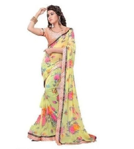 Multicolor Floral Printed High Quality Pure Chiffon Saree For Ladies