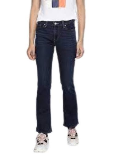 Dark Navy Blue Ladies Casual Wear Plain Pattern Cotton Material Regular Fit Boot Cut Jeans