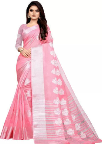 Pink Ladies Casual Wear Floral Printed Cotton Silk Saree 