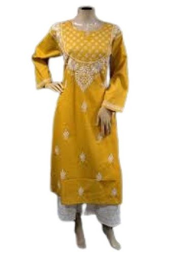 Stainless Steel Traditional Long Sleeve Embroidered Cotton Chikan Kurti For Ladies