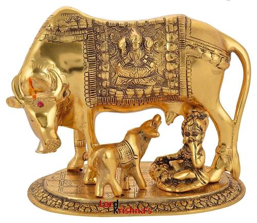 14 Inch Golden Metal Kamdhenu Cow Calf Statue For Decoration