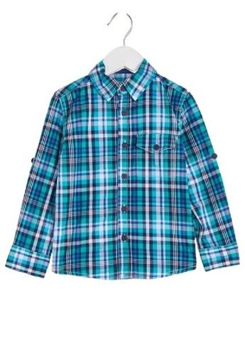 Blue With Green Kids Checked Full Sleeve Breathable Cotton Casual Wear Shirt