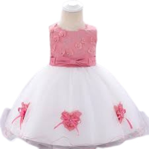 Pink With White Kids Printed Round Neck Sleeveless Regular Fit Cotton Net Frocka