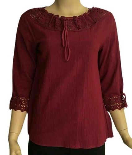 Maroon Ladies 3-4Th Sleeve Regular Fit Casual Wear Plain Cotton Top