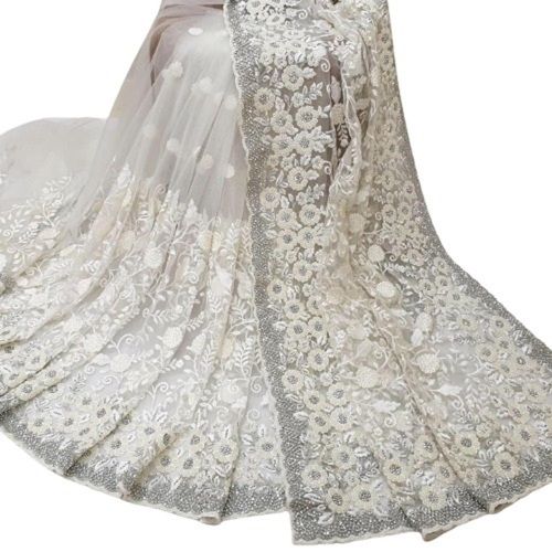 White Party Wear Lightweight Art Silk Net Embroidery Saree For Ladies 