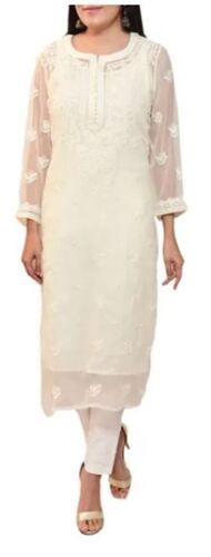 White 3/4Th Sleeves Breathable Casual Wear Embroidered Chiffon Kurti 