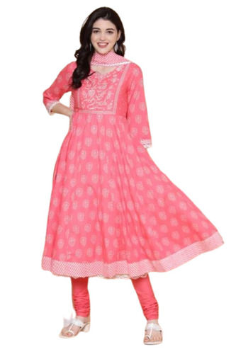 Three Fourth Sleeves Printed Cotton Anarkali Suit With Dupatta