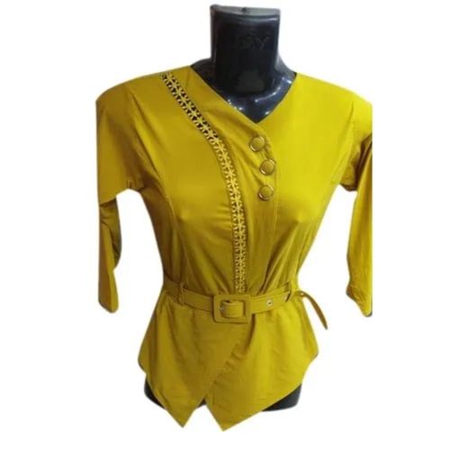 Yellow Washable Modern Design Party Wear Plain Pattern Fancy Cotton Tops For Ladies