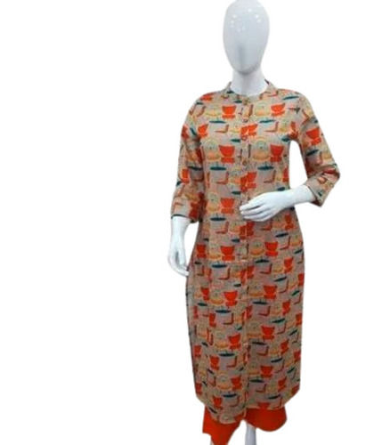 3/4th Sleeves And Mandarin Collar Printed Cotton Kurti For Women