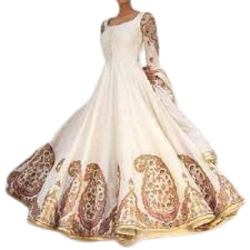 White Party Wear Full Sleeve Embroidered Cotton Anarkali Suits