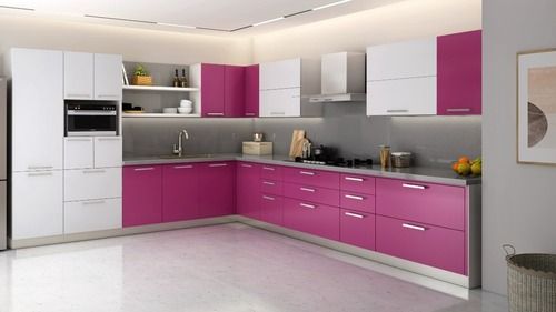Pink And White Wooden L Shape Modular Kitchen, Matte And Gloss Finish