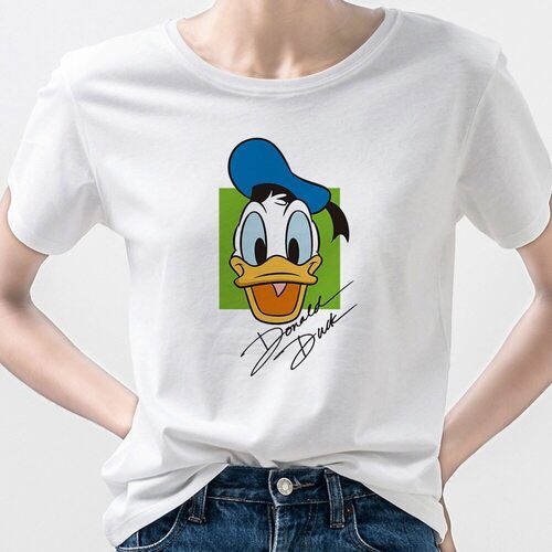 White Ladies Breathable Short Sleeves Round Neck Printed Cartoon T-Shirt