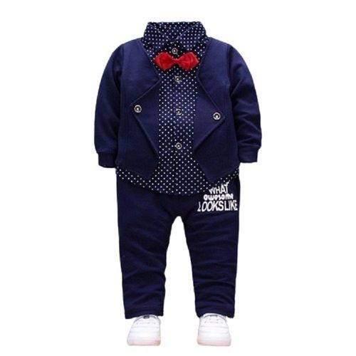 Navy Blue Kids Printed Full Sleeve Breathable Cotton Suit