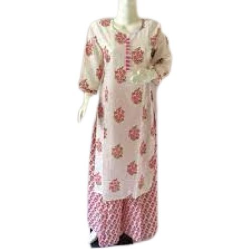 White With Red Ladies 3/4Th Sleeve Regular Fit Casual Wear Printed Cotton Kurtis