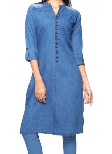 Ladies Breathable 3/4Th Sleeves Blue Cotton Plain Kurti Injection