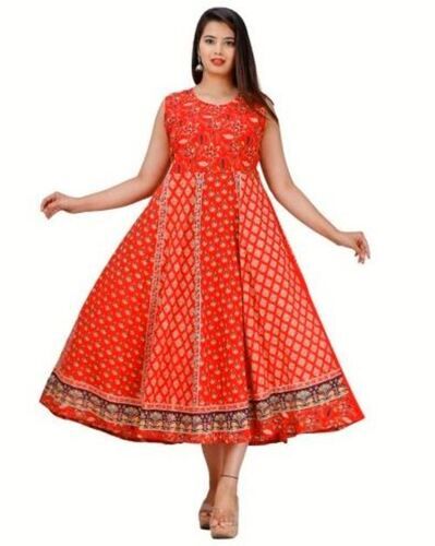 Women Sleeveless Party Wear Lace Work Printed Jaipuri Cotton Kurti  Bust Size: 40 Inch (In)