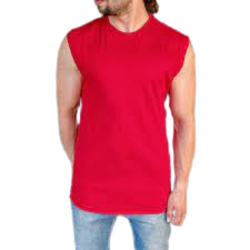 Red Men'S Plain Pattern Round Neck Sleeveless Style Pure Cotton Fabric T-Shirt