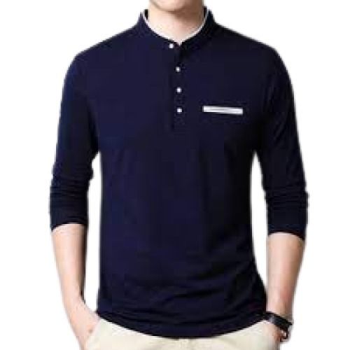 Navy Blue Men'S Plain Polo Neck Long Sleeve Casual Wear Cotton T Shirt