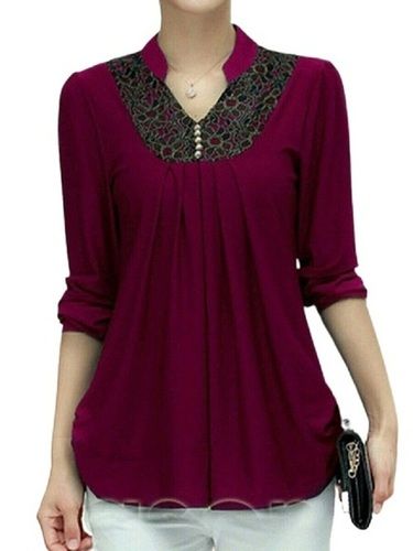 Maroon Plain Collar Neck Fancy Stylish Casual Wear 3-4Th Sleeve Top For Ladies