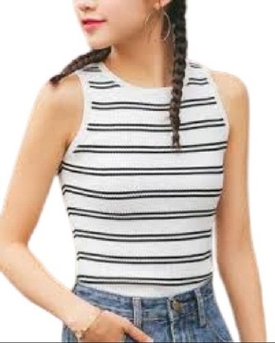 White With Black Striped Round Neck Sleeveless Casual Wear Pure Cotton Fabric T Shirt