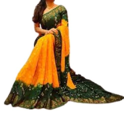 Yellow With Green Ladies Lightweight Daily Wear Printed Cotton Silk Bandhani Saree