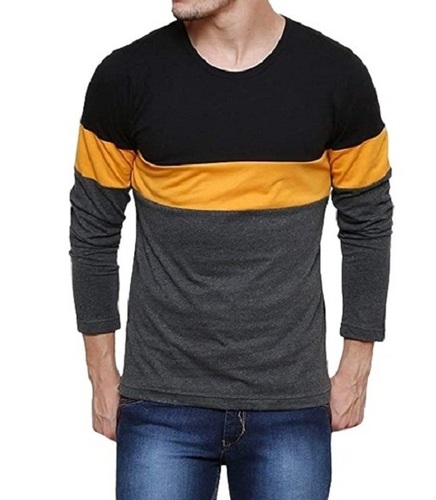 Men's Plain Cotton Full Sleeve Comfortable Skin Friendly Round Neck T-Shirt - Cotton, L, M, S, XL, Black with Yellow | Long Sleeves, Plain Pattern, Casual Wear